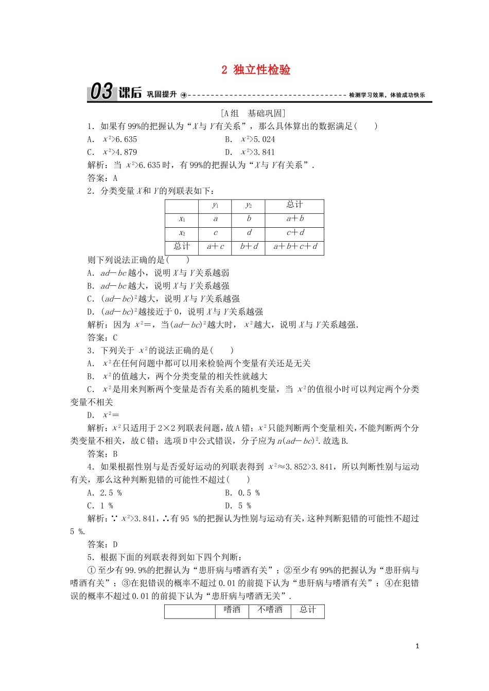 高中数学 第三章 统计案例 2 独立性检验课后巩固提升 北师大版选修2-3-北师大版高二选修2-3数学试题_第1页