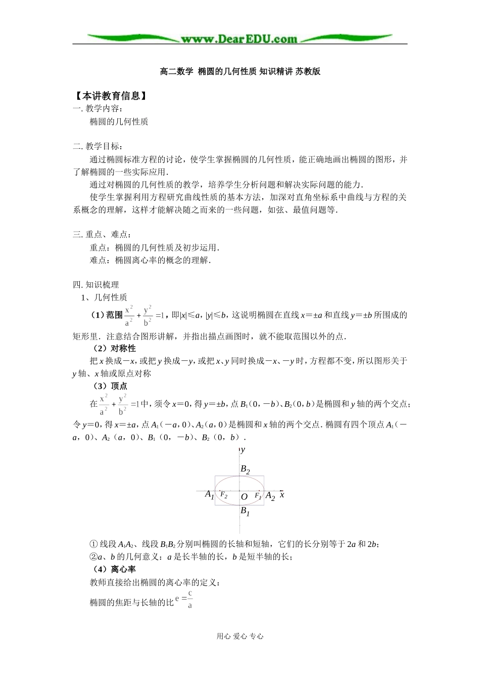 高二数学 椭圆的几何性质 知识精讲 苏教版_第1页