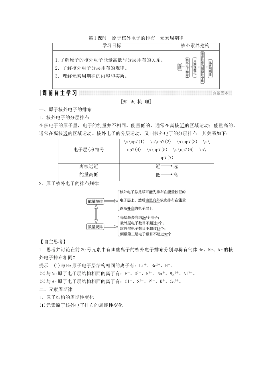 高中化学 第1章 物质结构元素周期律 第2节 第1课时 原子核外电子的排布 元素周期律讲义素养练（含解析）新人教版必修2-新人教版高一必修2化学试题_第1页