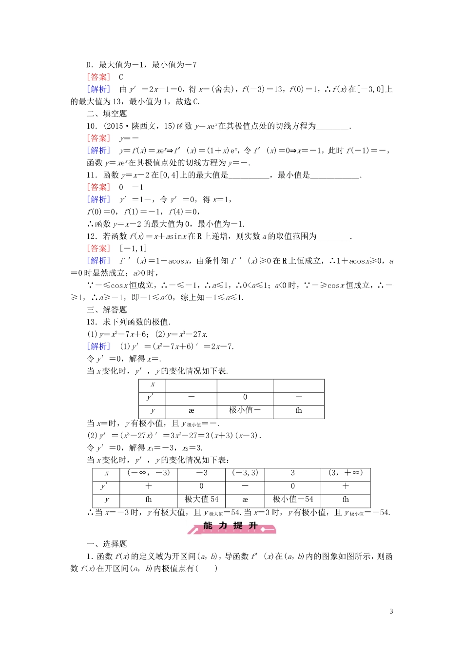 高中数学 第1章 1.3第2课时 利用导数研究函数的极值课时作业 新人教B版选修2-2-新人教B版高二选修2-2数学试题_第3页