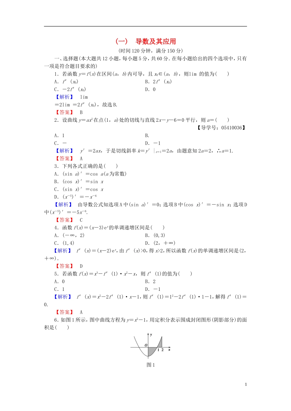 高中数学 第一章 导数及其应用章末综合测评 新人教B版选修2-2-新人教B版高二选修2-2数学试题_第1页