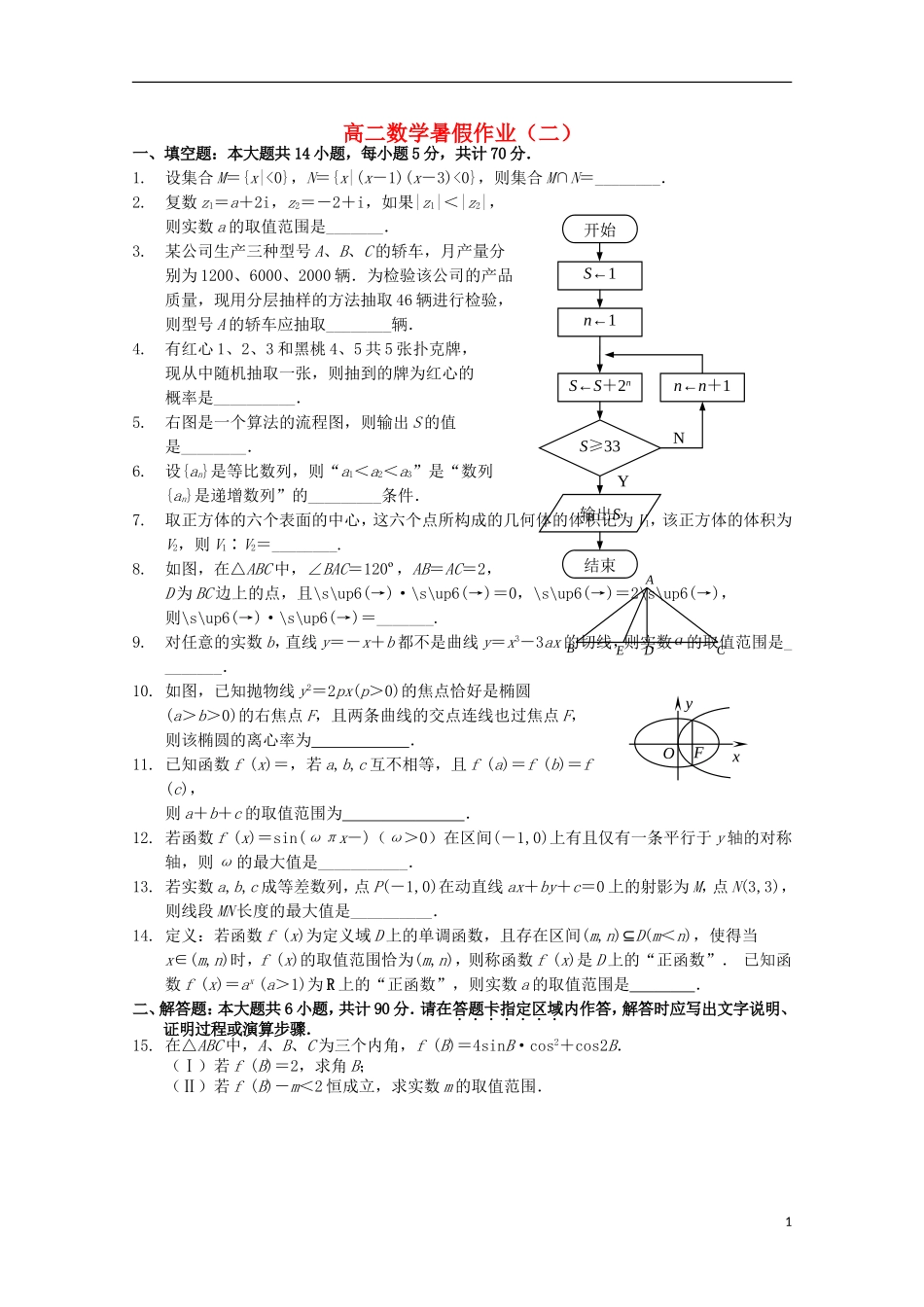 高二数学暑期作业（2）-人教版高二全册数学试题_第1页