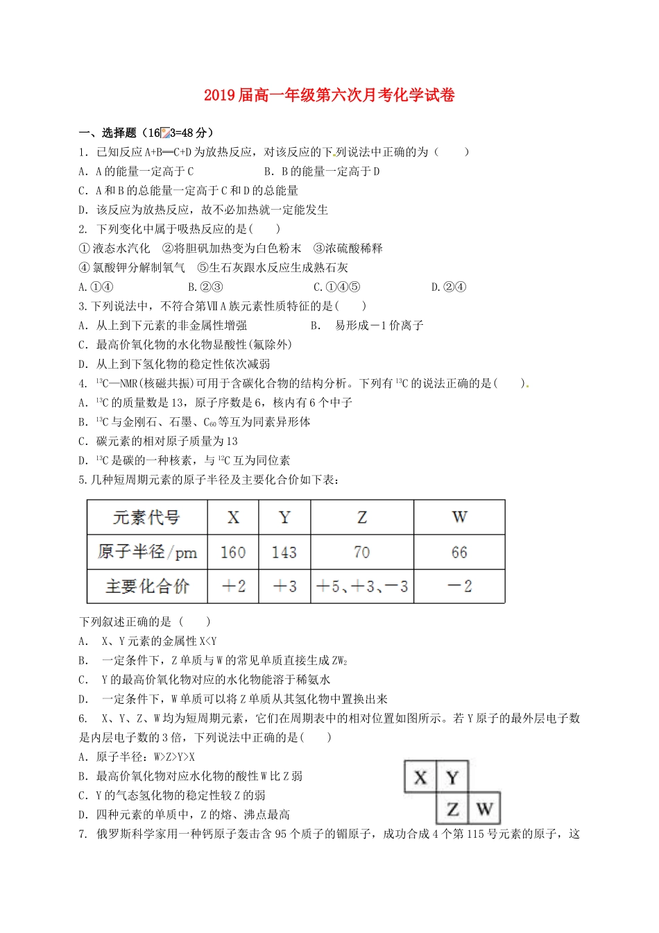 江西省上高县高一化学4月（第六次）月考试题-人教版高一全册化学试题_第1页
