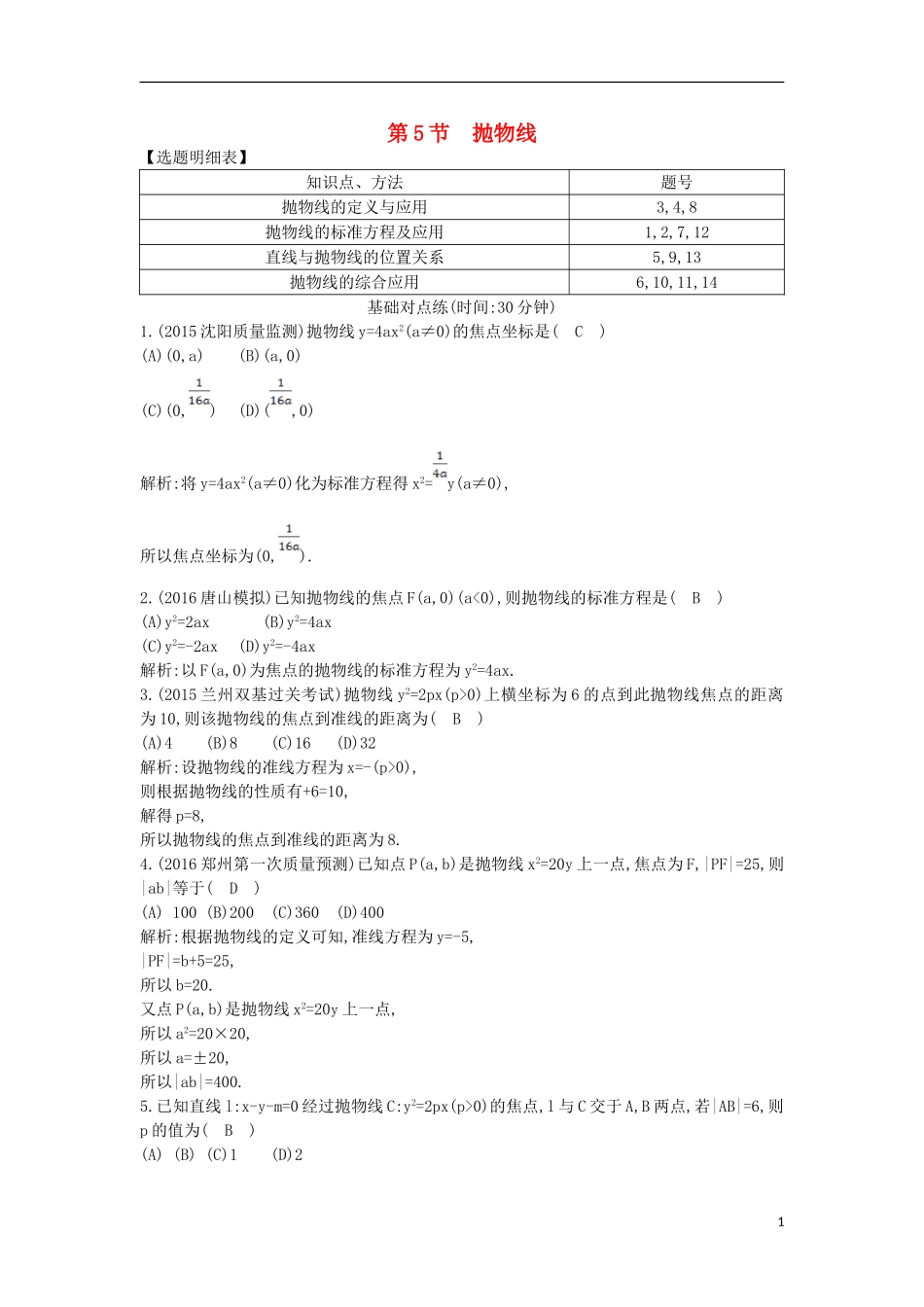 （普通班）高三数学一轮复习 第九篇 平面解析几何 第5节 抛物线基础对点练 理-人教版高三全册数学试题_第1页