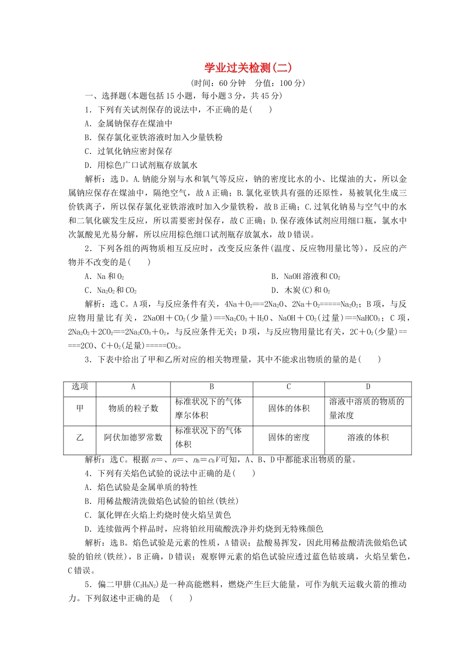 高中化学 第二章 学业过关检测（二）（含解析）新人教版必修第一册-新人教版高一第一册化学试题_第1页