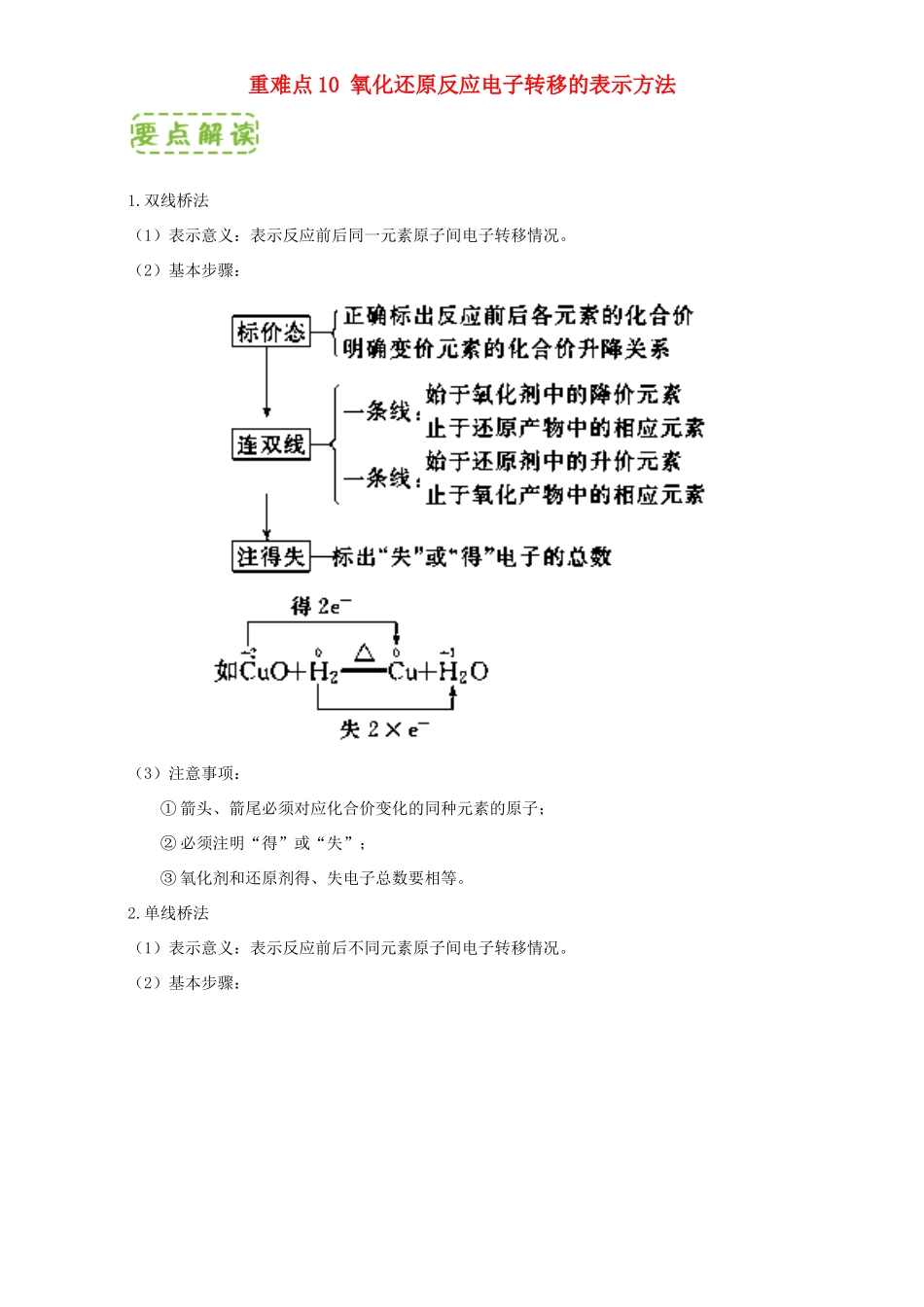 高中化学 第二章 物质变化及其分类 重难点10 氧化还原反应电子转移的表示方法（含解析）新人教版必修1-新人教版高一必修1化学试题_第1页