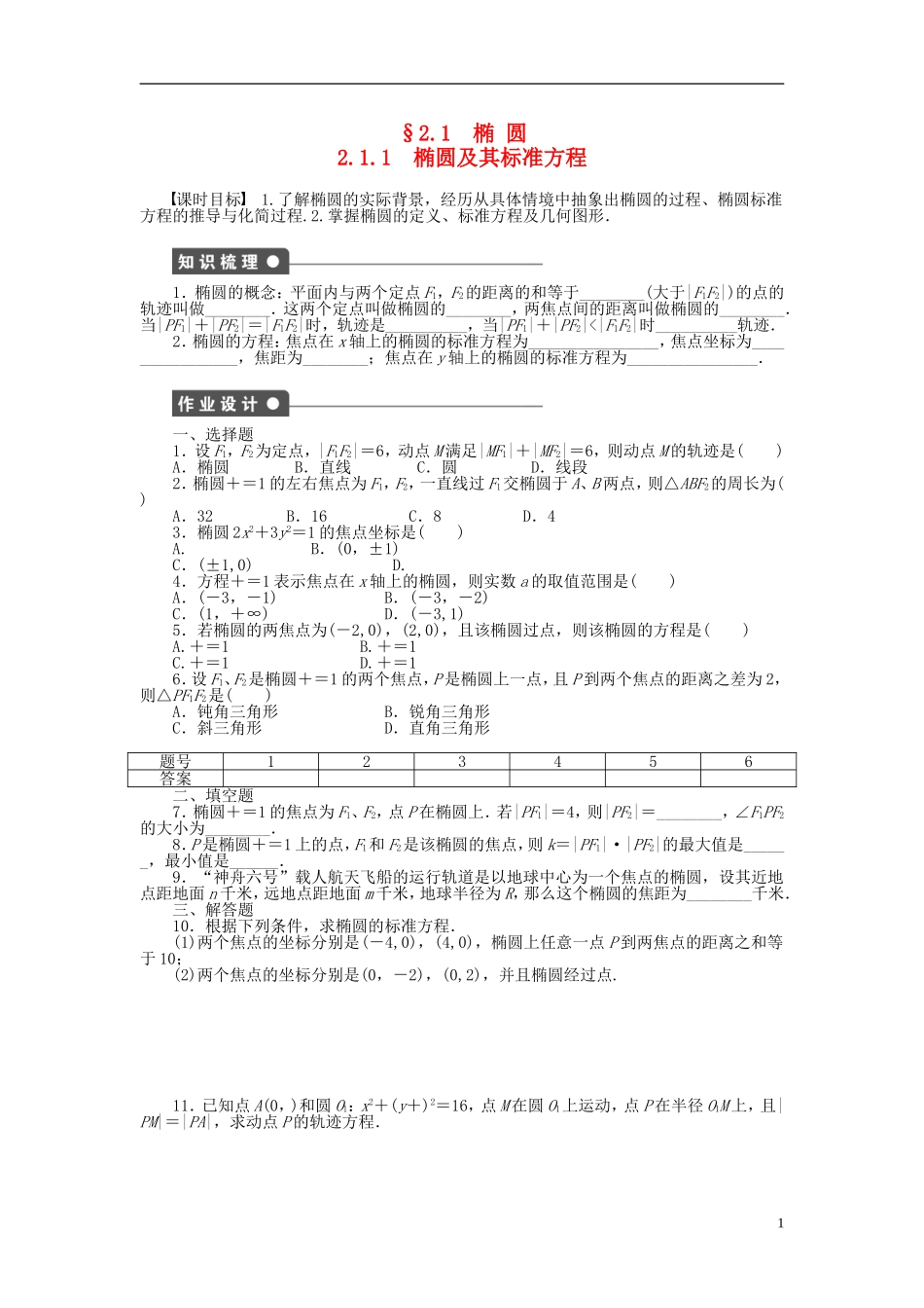 高中数学 第二章 2.1.1椭圆及其标准方程课时作业 新人教A版选修1-1-新人教A版高二选修1-1数学试题_第1页