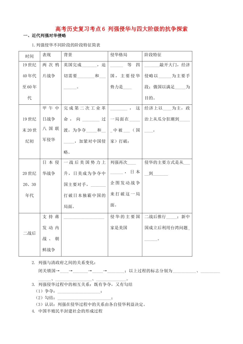 高考历史复习考点6 列强侵华与四大阶级的抗争探索_第1页