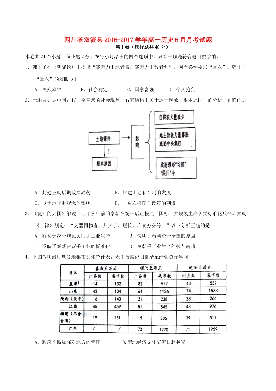 四川省双流县高一历史6月月考试题-人教版高一全册历史试题_第1页