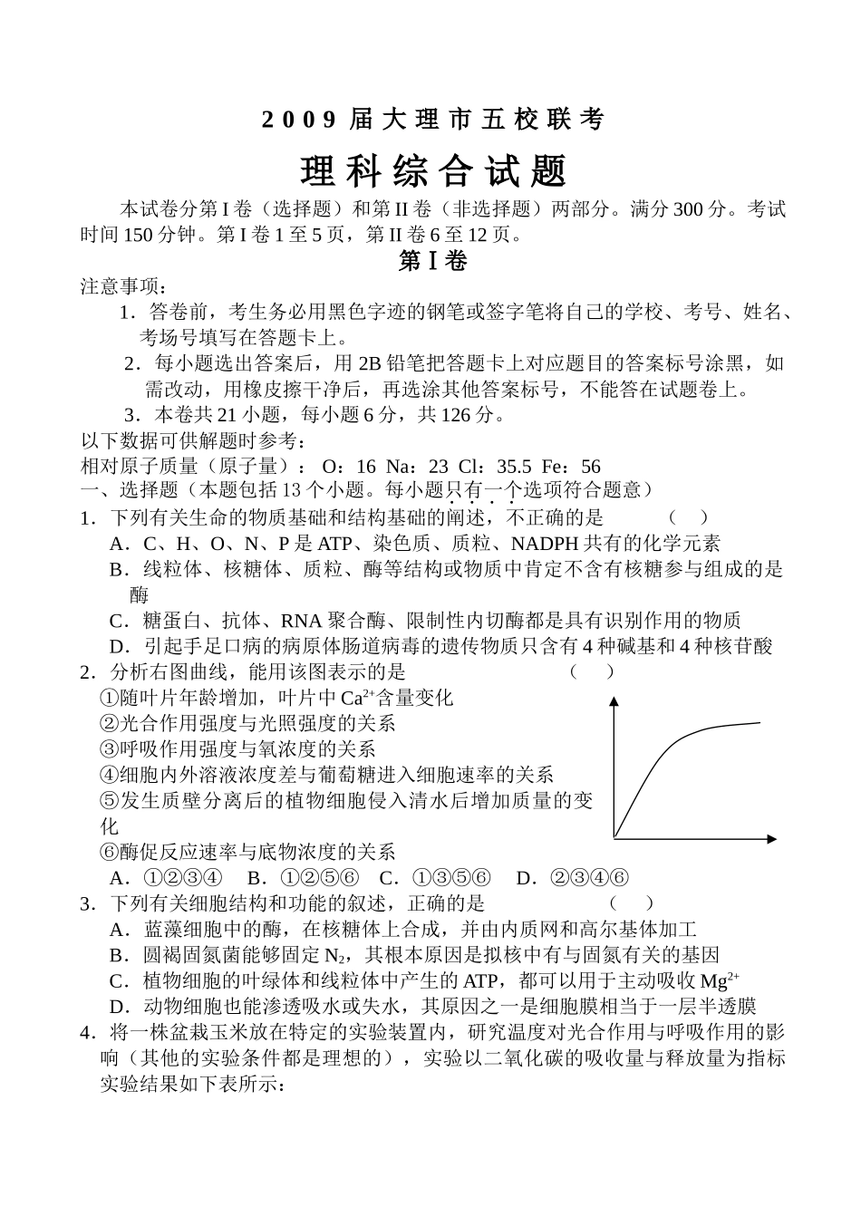 云南省大理市高三化学五校联考理科综合测试试题_第1页