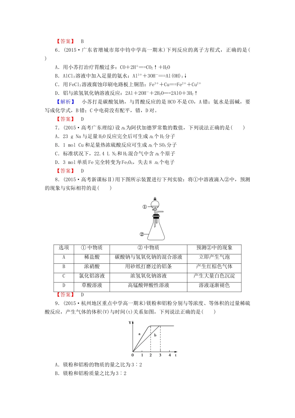 高中化学 章末综合检测3 新人教版必修1-新人教版高一必修1化学试题_第2页