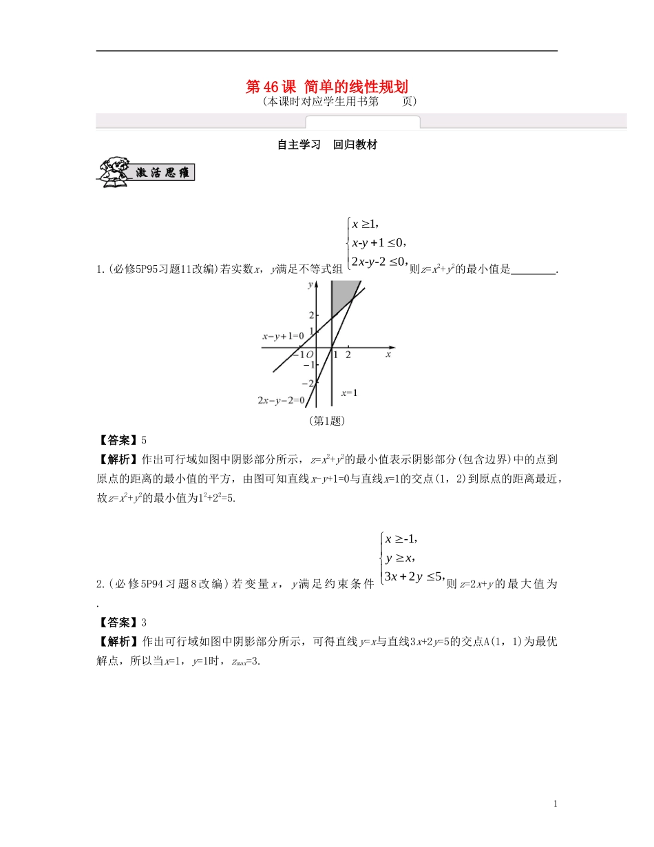 （江苏专用）高考数学大一轮复习 第八章 不等式 第46课 简单的线性规划 文-人教版高三全册数学试题_第1页