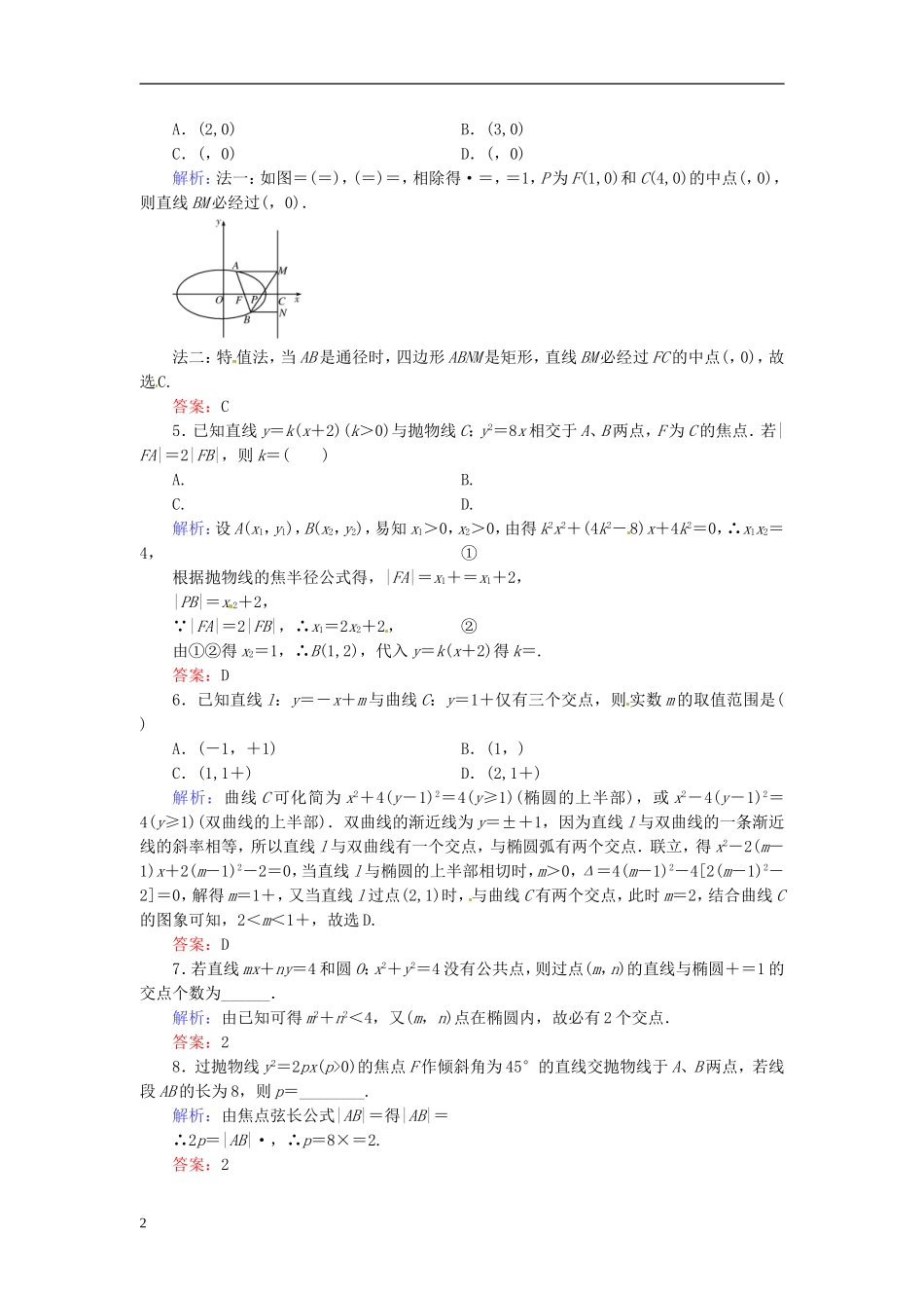 【优化指导】2013高考数学总复习-8.5直线与圆锥曲线的位置关系课时演练-人教版_第2页