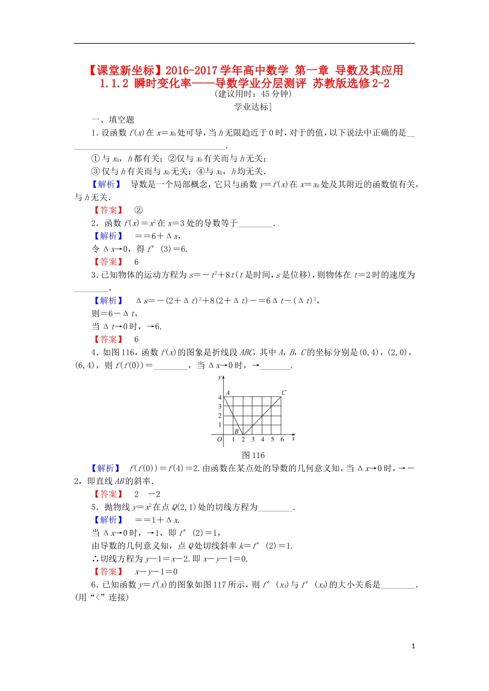 高中数学 第一章 导数及其应用 1.1.2 瞬时变化率——导数学业分层测评 苏教版选修2-2-苏教版高二选修2-2数学试题_第1页