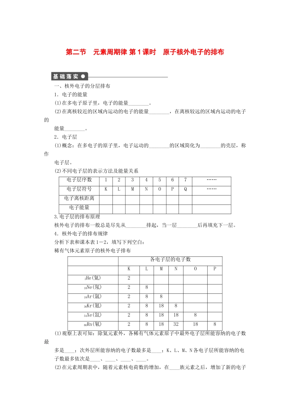 高中化学 第一章 第二节 第1课时 原子核外电子的排布课后作业 新人教版必修2-新人教版高一必修2化学试题_第1页