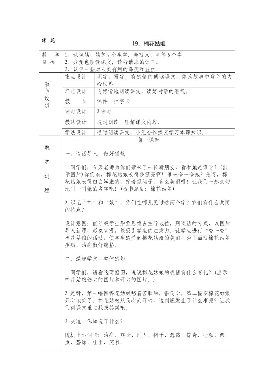 (部编)人教语文2011课标版一年级下册19棉花姑娘-教学设计_第1页