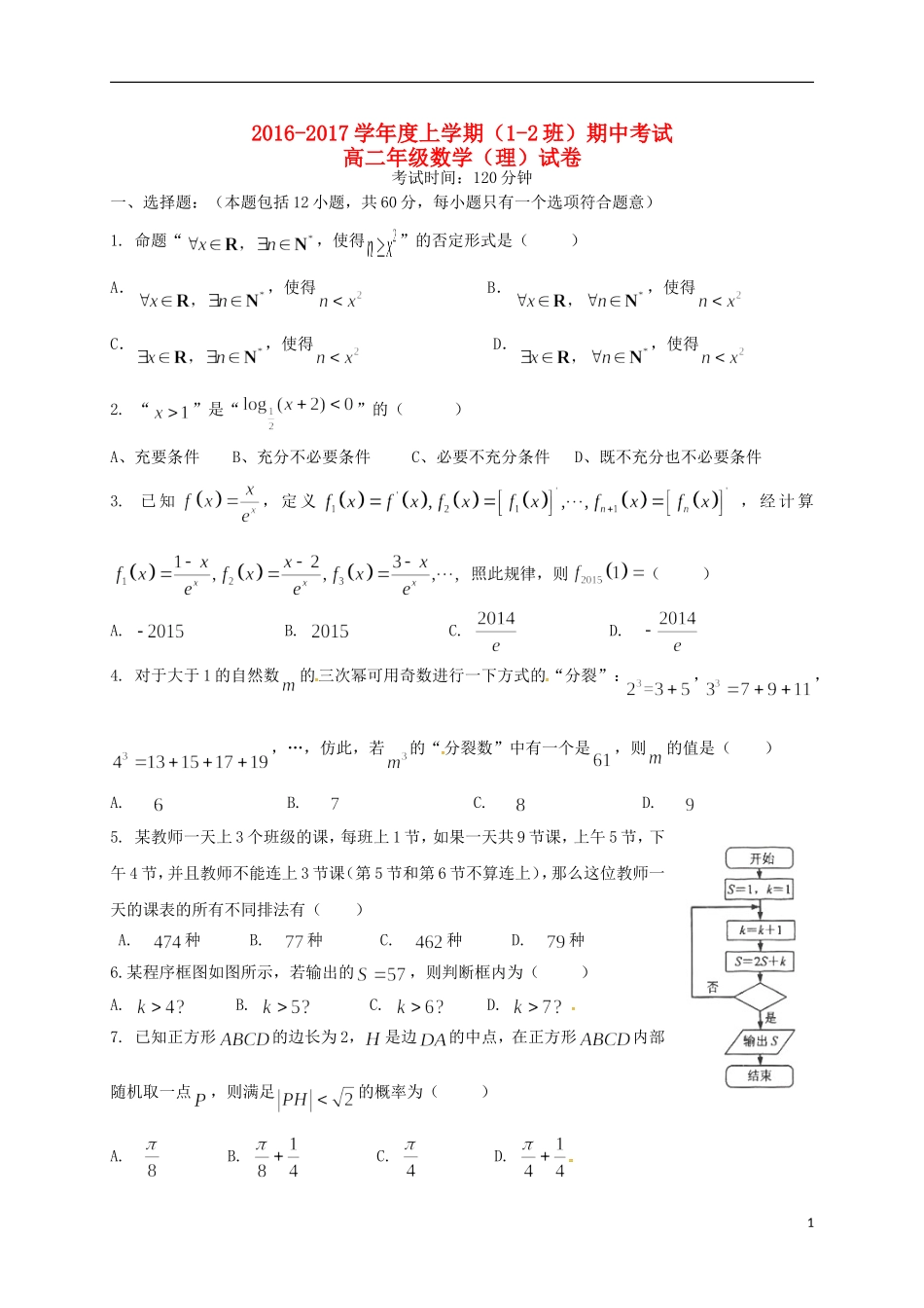 高二数学上学期期中试题 理（1-2班）-人教版高二全册数学试题_第1页