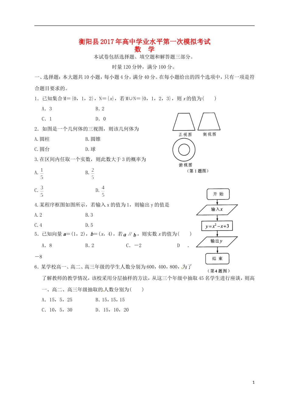 湖南省衡阳县高二数学学业水平第一次模拟考试试题-人教版高二全册数学试题_第1页