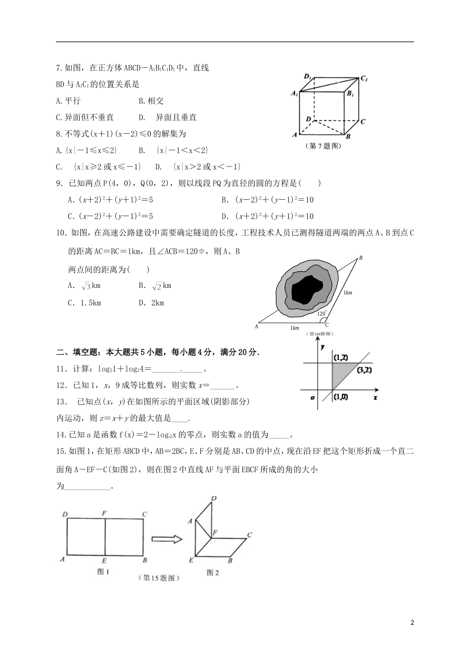 湖南省衡阳县高二数学学业水平第一次模拟考试试题-人教版高二全册数学试题_第2页