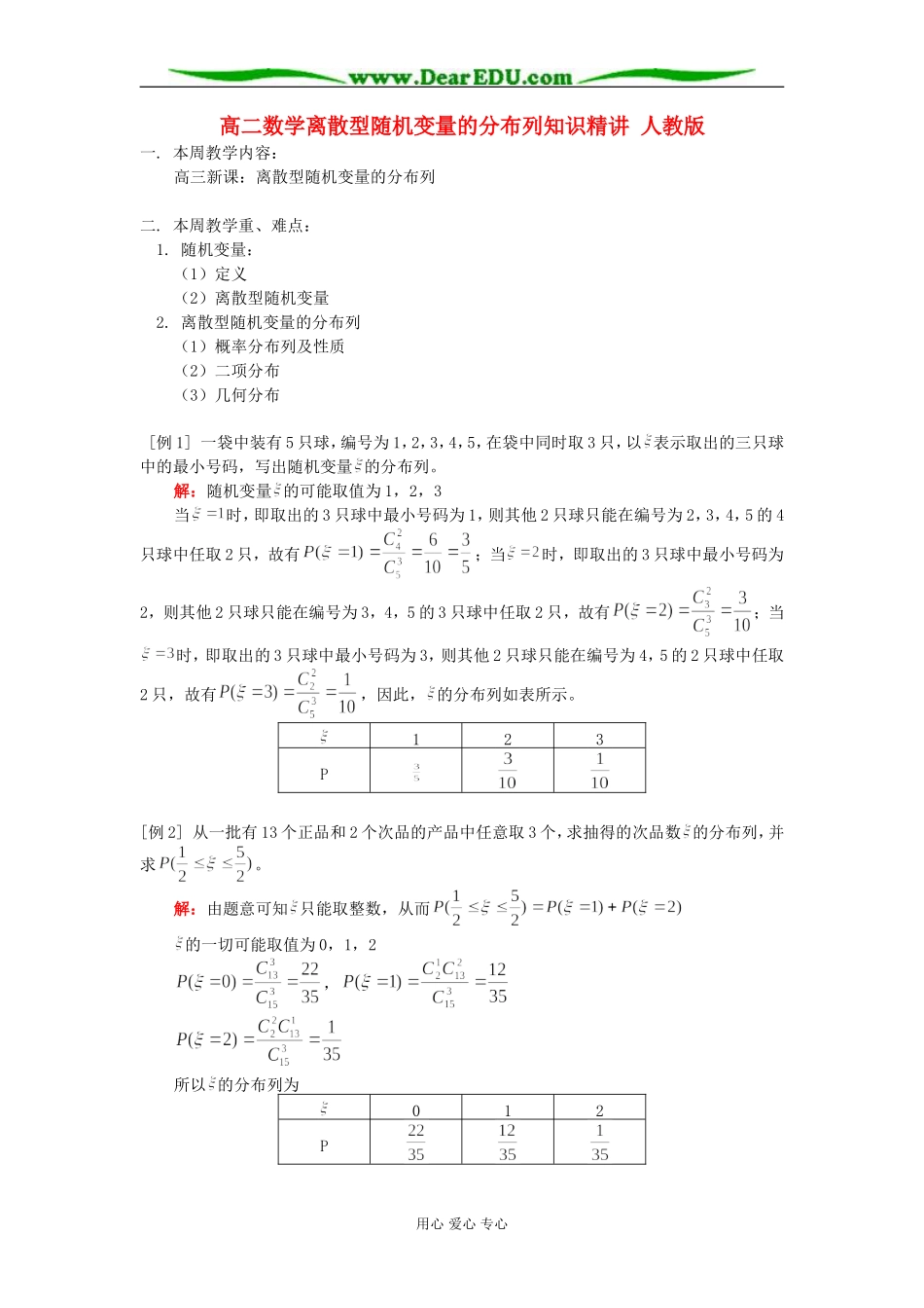 高二数学离散型随机变量的分布列知识精讲 人教版_第1页