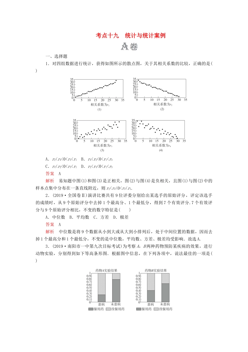 高考数学大二轮复习 刷题首选卷 第一部分 刷考点 考点十九 统计与统计案例 文-人教版高三全册数学试题_第1页