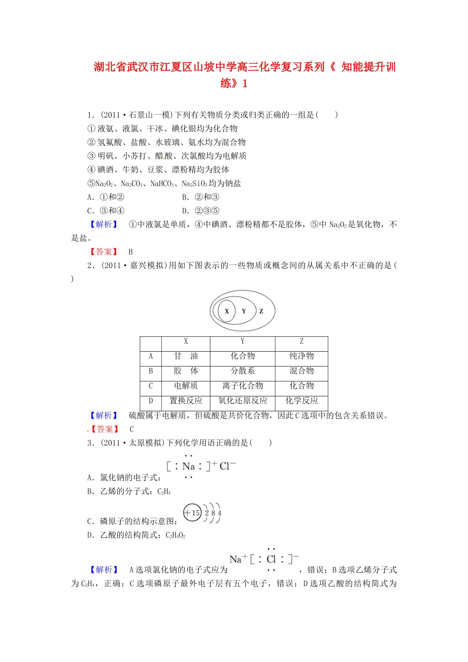 湖北省武汉市江夏区山坡中学高三化学复习系列《 知能提升训练》1_第1页
