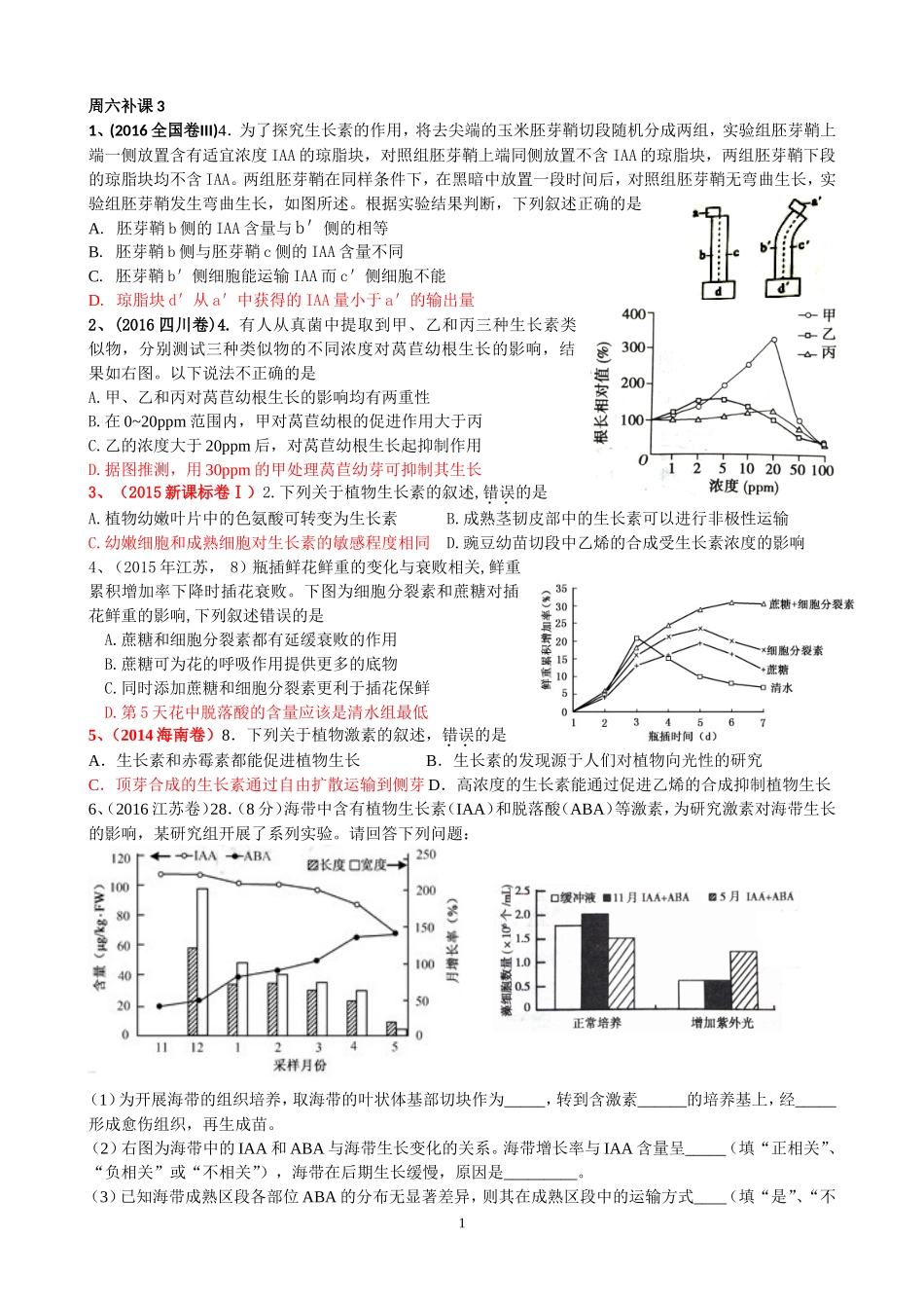 2014-2016高考题必修3植物激素+神经调节_第1页