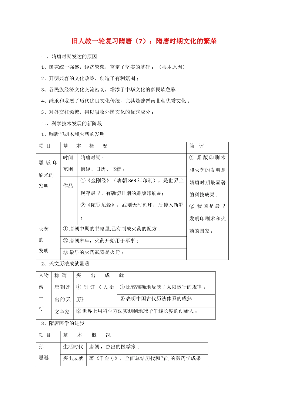 高考历史旧人教一轮复习隋唐（7）：隋唐时期文化的繁荣_第1页