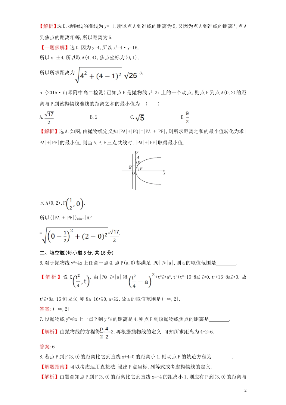 高中数学 第二章 圆锥曲线与方程 2.3 抛物线 课时提升作业（十五）2.3.1 抛物线及其标准方程检测（含解析）新人教A版选修1-1-新人教A版高二选修1-1数学试题_第2页