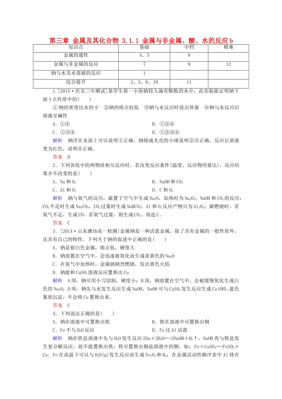 高中化学 第三章 金属及其化合物 3.1.1 金属与非金属、酸、水的反应b检测 新人教版必修1-新人教版高一必修1化学试题_第1页