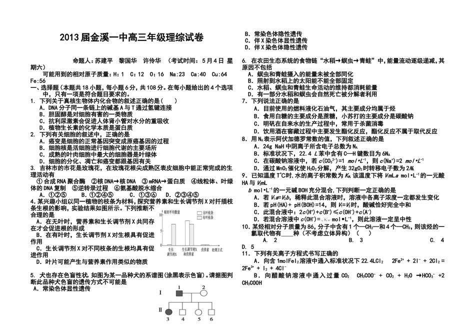 2013届金溪一中高三理科综合试卷及答案_第1页