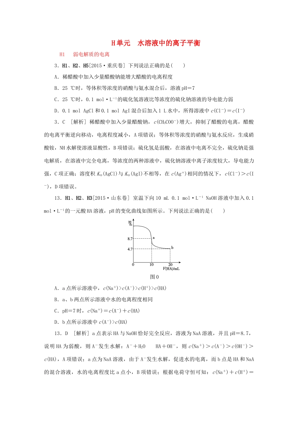 备战高考化学试题分类汇编 H单元 水溶液中的离子平衡-人教版高三全册化学试题_第1页