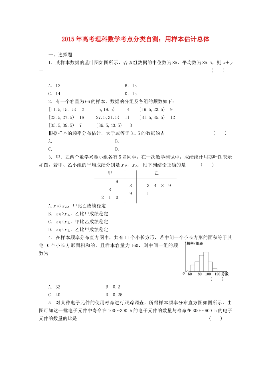 高考数学考点分类自测 用样本估计总体 理-人教版高三全册数学试题_第1页