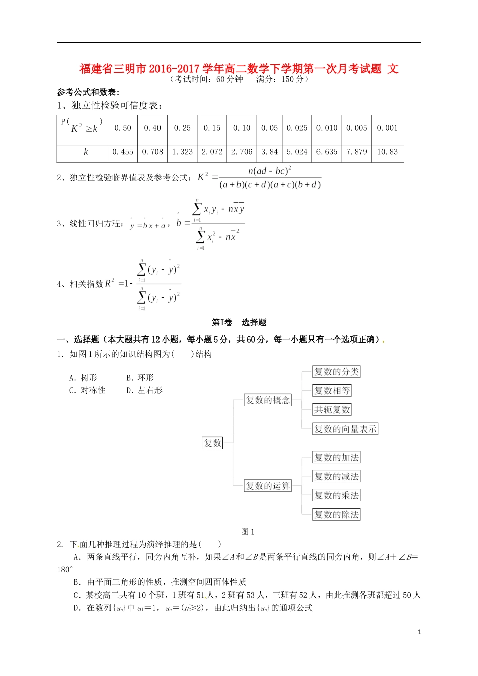福建省三明市高二数学下学期第一次月考试题 文-人教版高二全册数学试题_第1页