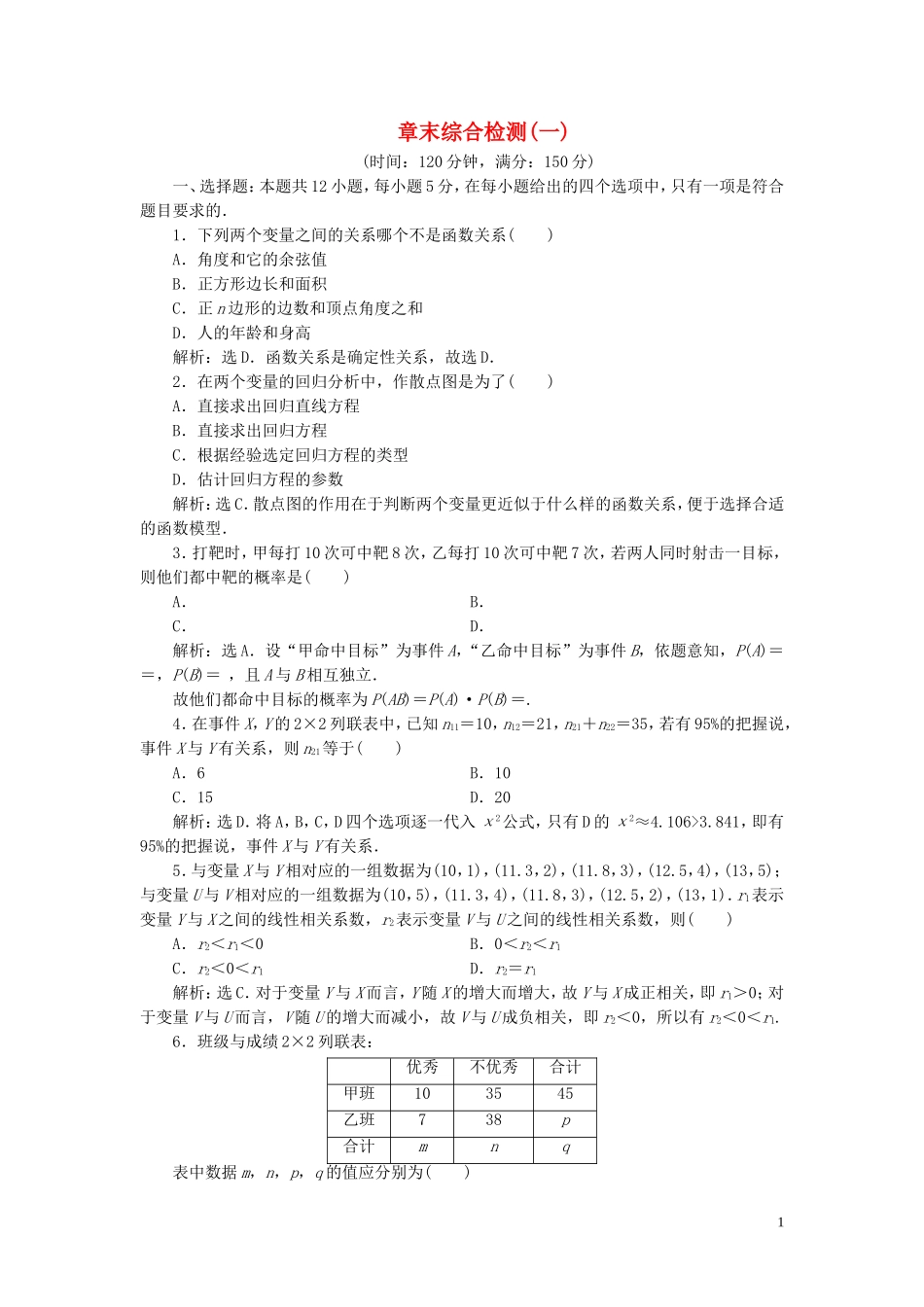 高中数学 第1章 统计案例章末综合检测（一） 新人教B版选修1-2-新人教B版高二选修1-2数学试题_第1页