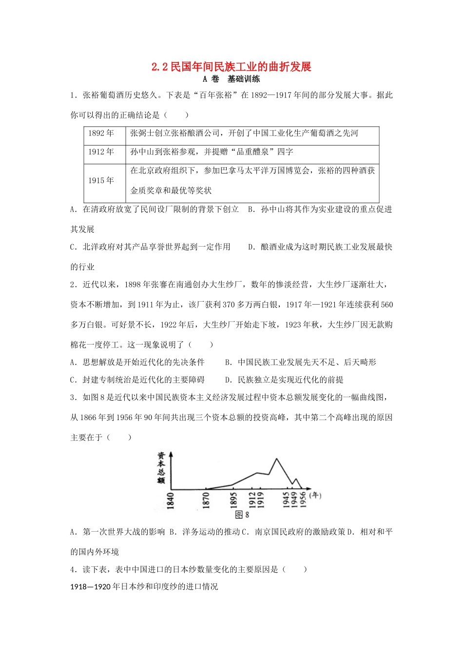 高中历史 专题二 近代中国资本主义的曲折发展 2.2 民国年间民族工业的曲折发展课时训练A 人民版必修2-人民版高一必修2历史试题_第1页