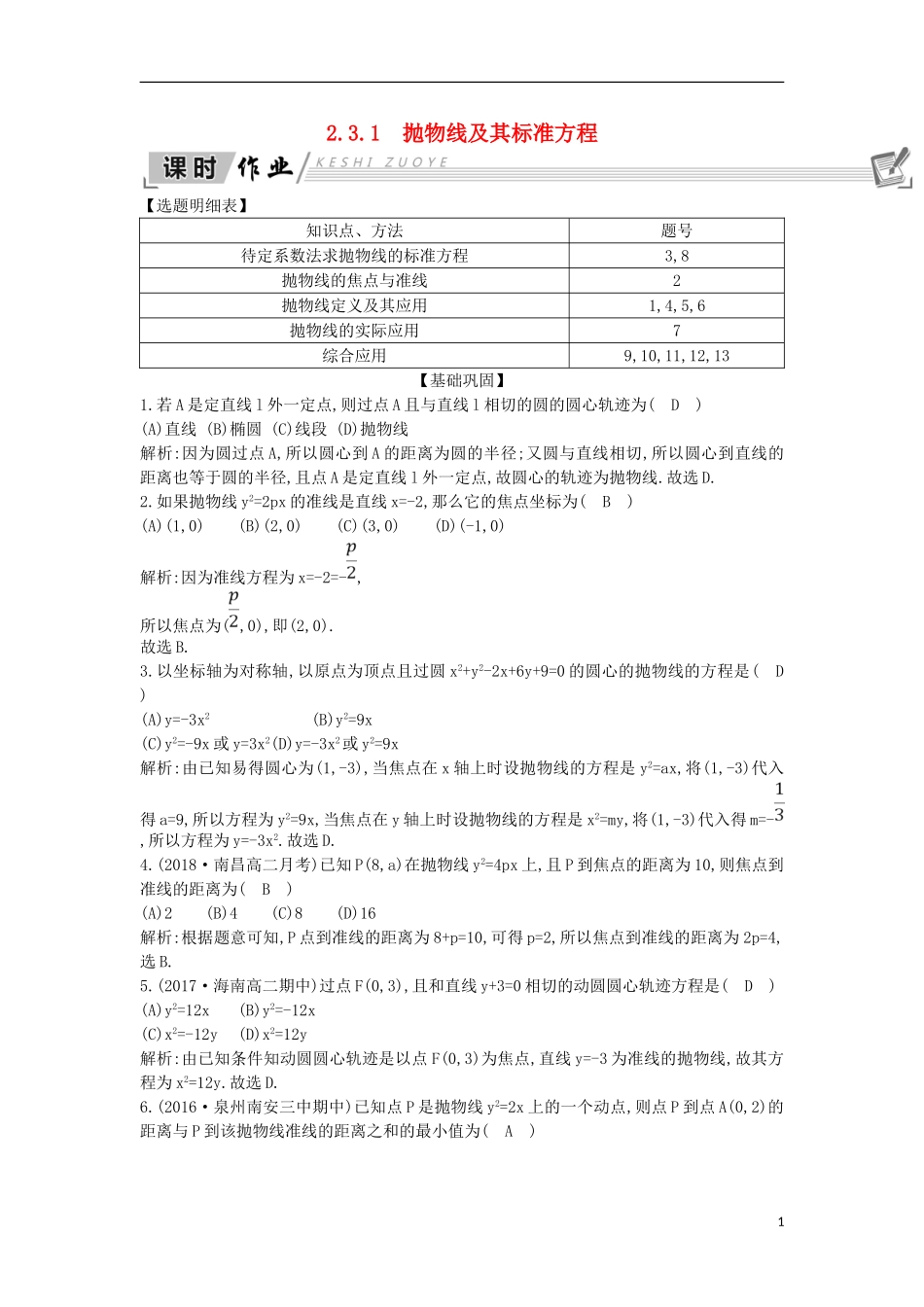 高中数学 第二章 圆锥曲线与方程 2.3 抛物线 2.3.1 抛物线及其标准方程课时作业 新人教A版选修1-1-新人教A版高二选修1-1数学试题_第1页
