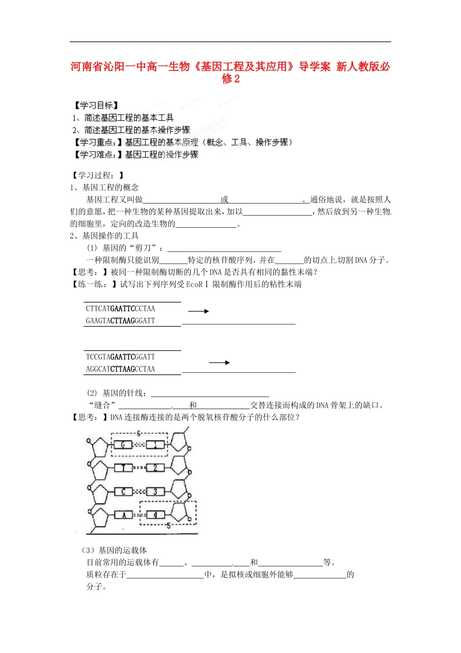 河南省沁阳一中高中生物《基因工程及其应用》导学案-新人教版必修2_第1页