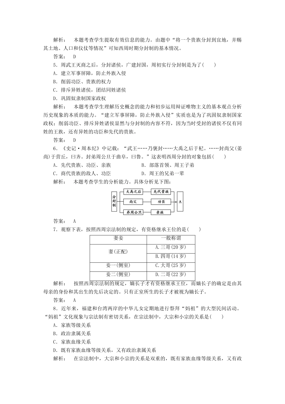高中历史 第一单元 中国古代的中央集权制度 1.1 夏商制度与西周封建课时作业 岳麓版必修1-岳麓版高一必修1历史试题_第2页