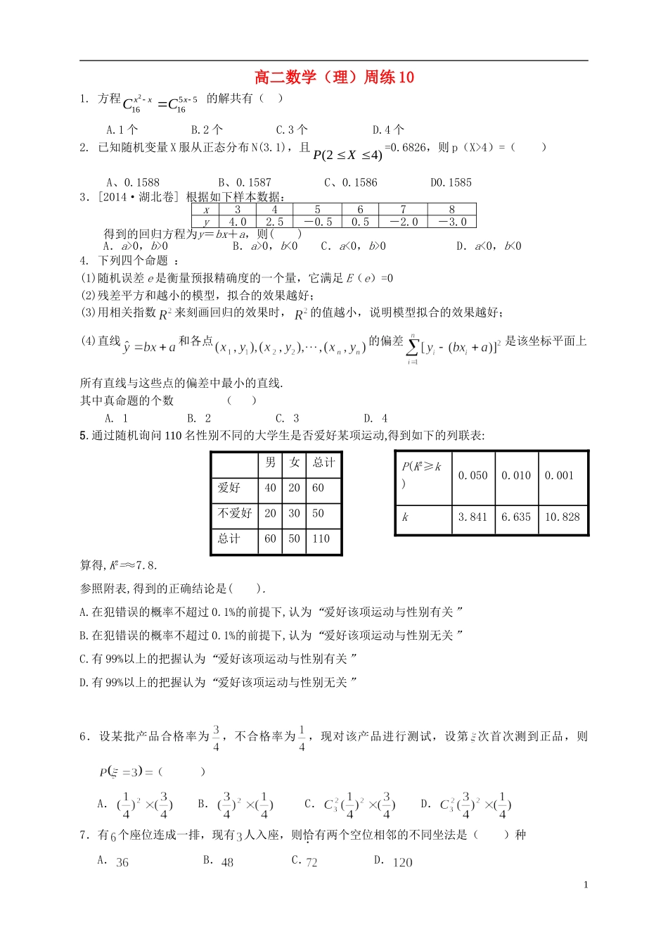 福建省德化一中春季高二数学周练10 理-人教版高二全册数学试题_第1页