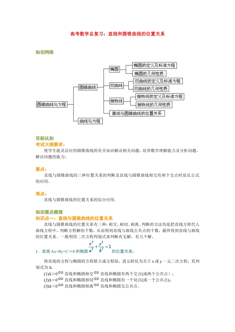 高考数学总复习：直线和圆锥曲线的位置关系_第1页