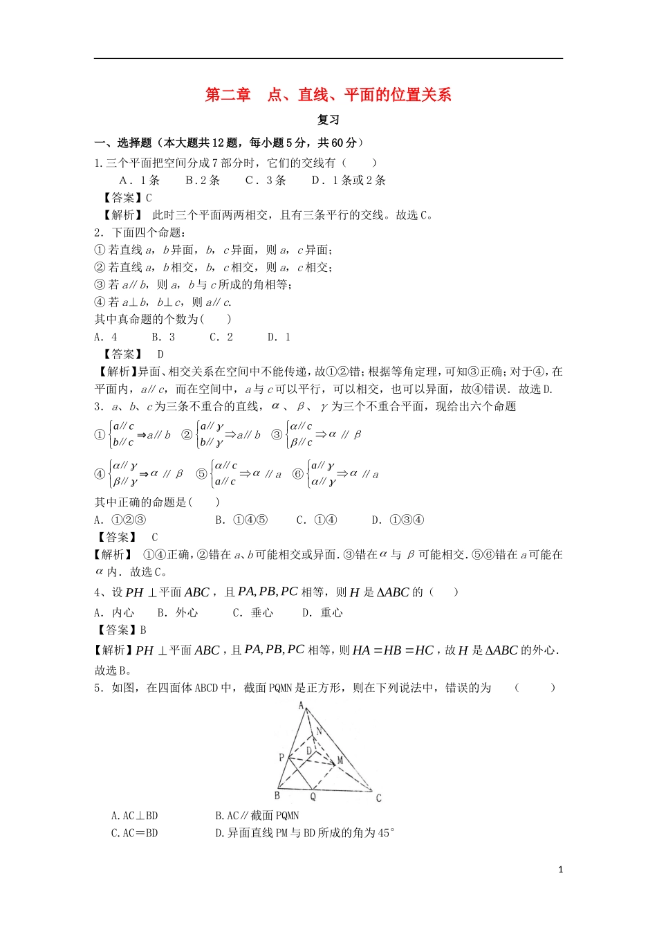 高中数学 第二章 点、直线、平面之间的位置关系复习检测 新人教A版必修2-新人教A版高二必修2数学试题_第1页
