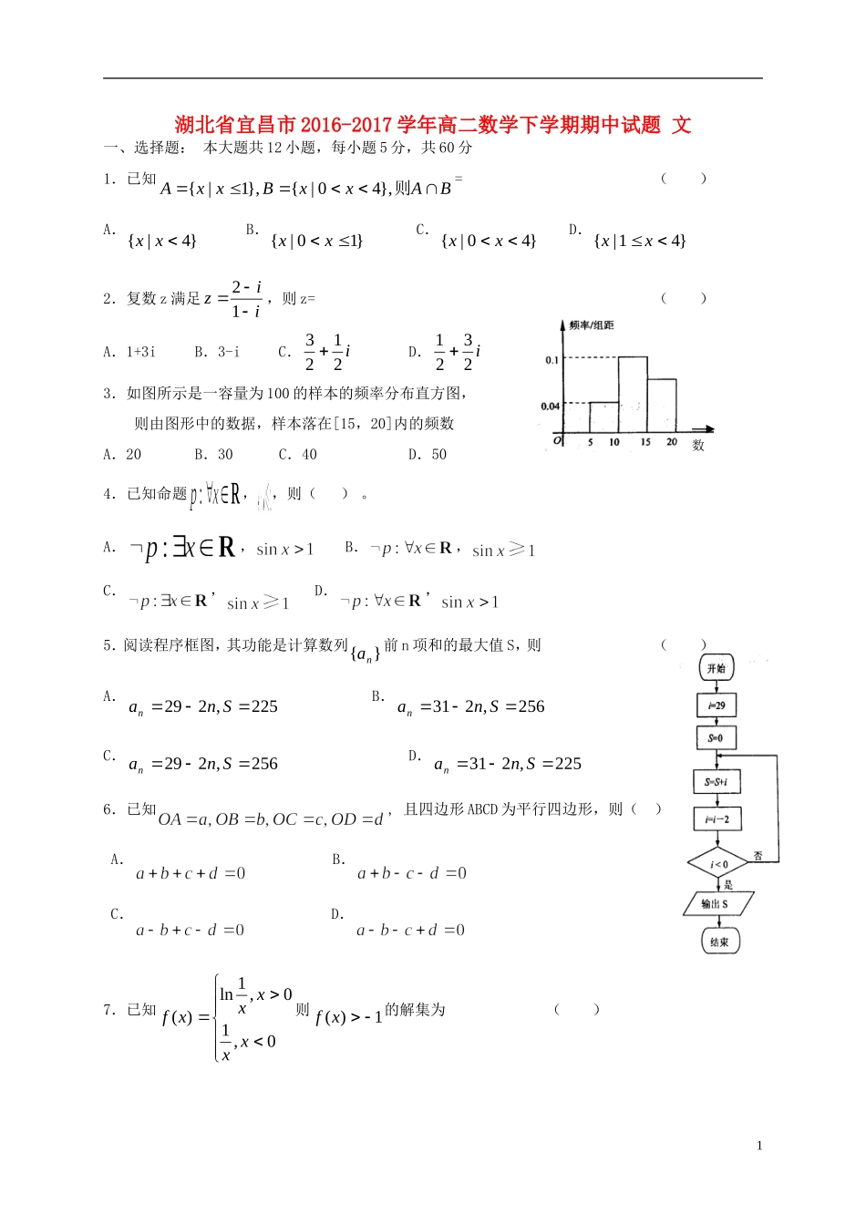 湖北省宜昌市高二数学下学期期中试题 文-人教版高二全册数学试题_第1页