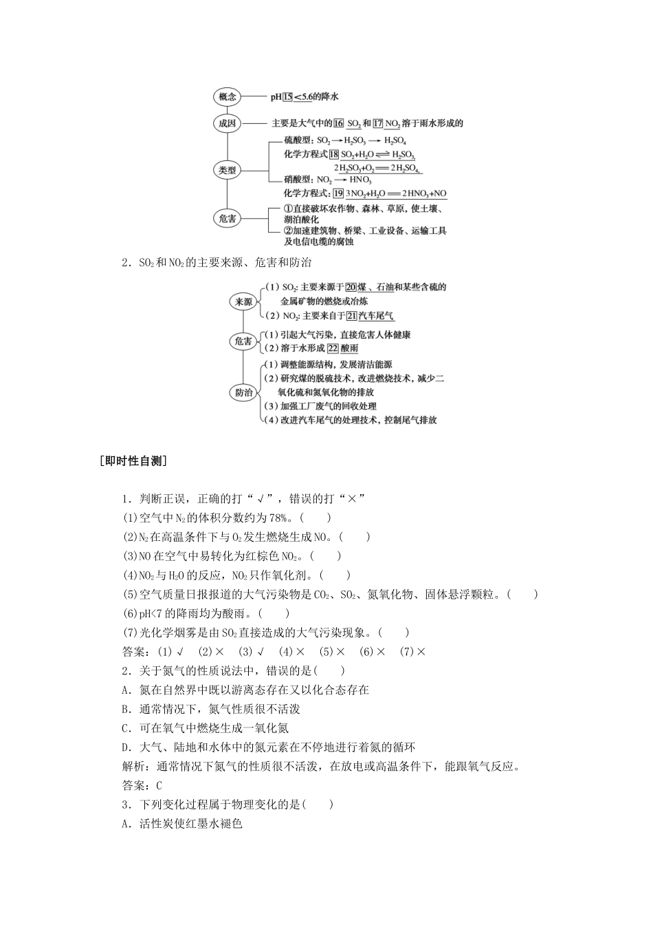 高中化学 4.3.2 第2课时 二氧化氮和一氧化氮讲义练习 新人教版必修1-新人教版高一必修1化学试题_第2页