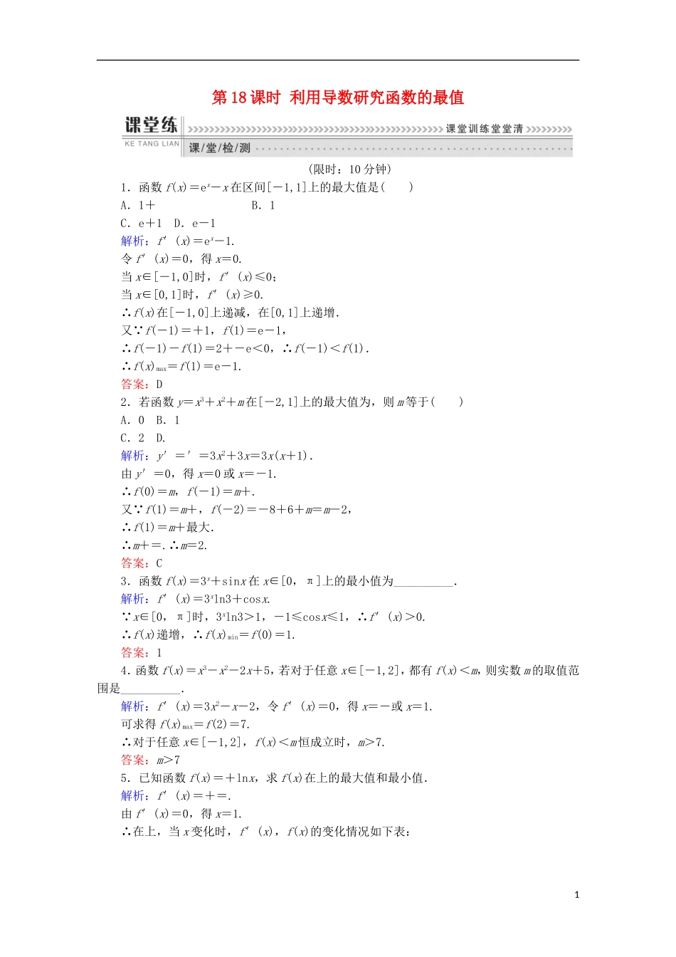 高中数学 第三章 导数及其应用 第18课时 利用导数研究函数的最值检测 新人教B版选修1-1-新人教B版高二选修1-1数学试题_第1页