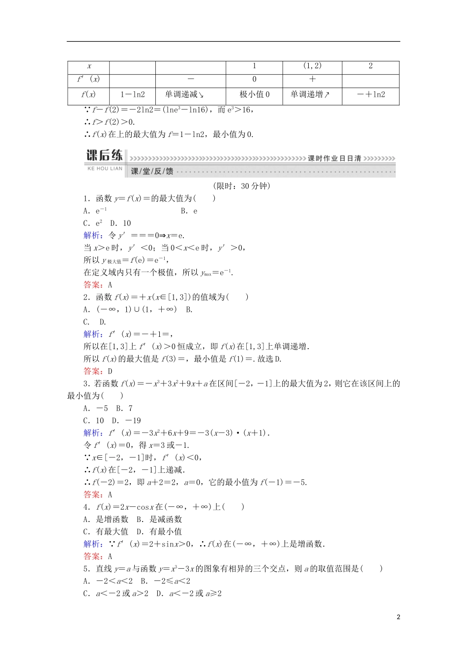 高中数学 第三章 导数及其应用 第18课时 利用导数研究函数的最值检测 新人教B版选修1-1-新人教B版高二选修1-1数学试题_第2页