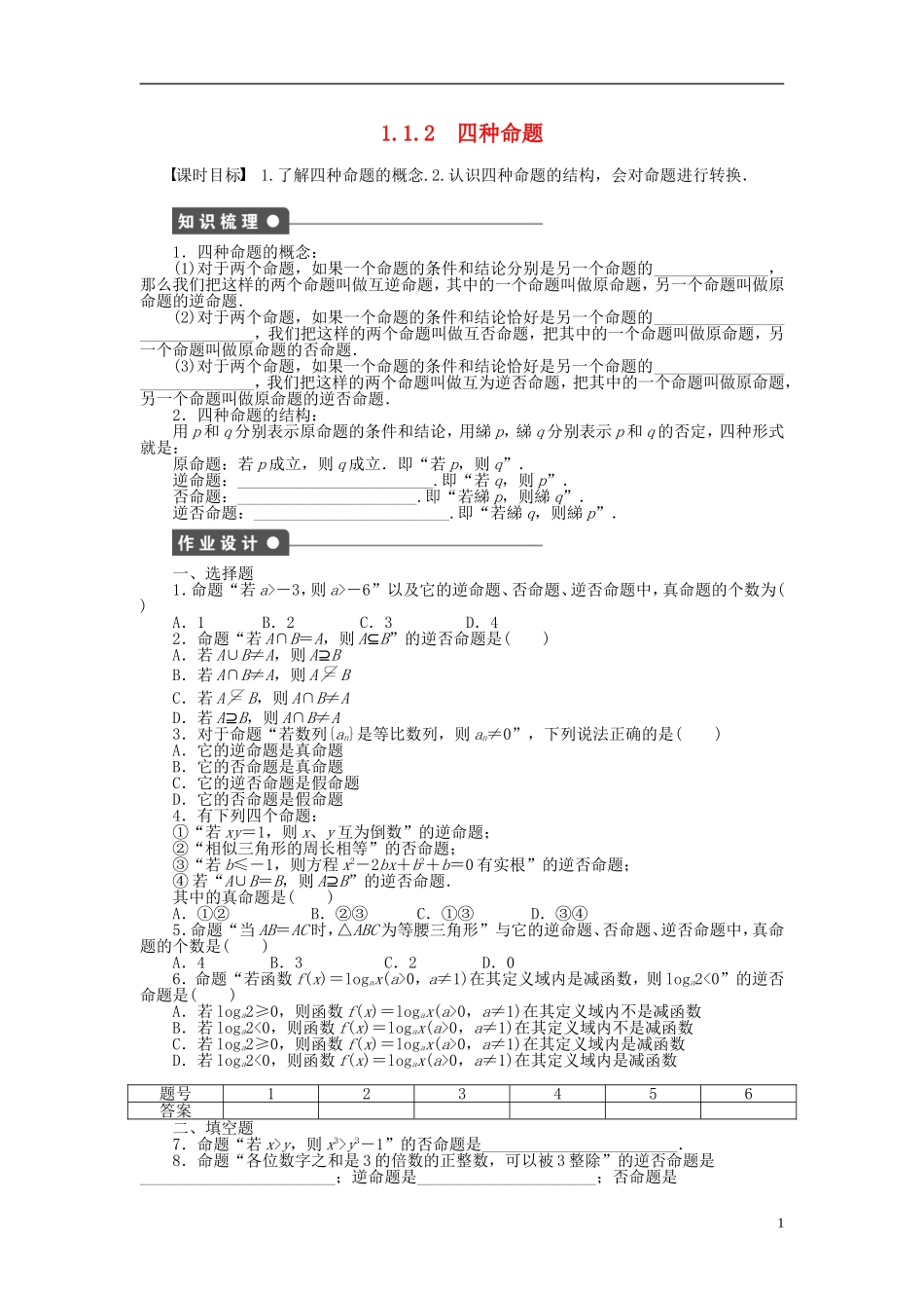 高中数学 第1章 常用逻辑用语 1.1.2 四种命题课时作业 新人教A版选修1-1-新人教A版高二选修1-1数学试题_第1页