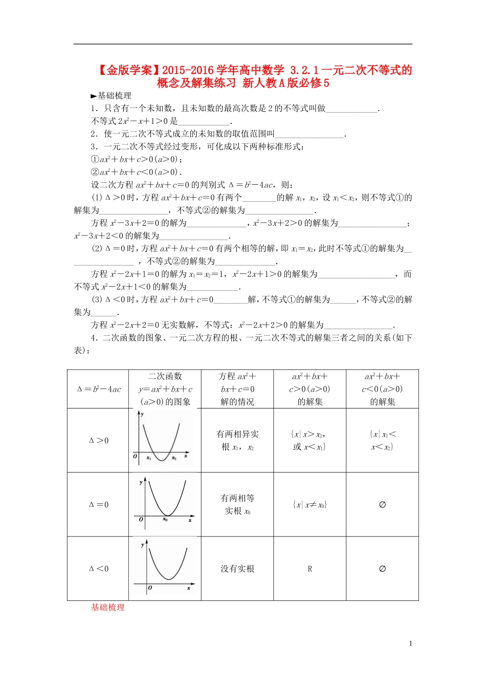 高中数学 3.2.1一元二次不等式的概念及解集练习 新人教A版必修5-新人教A版高二必修5数学试题_第1页