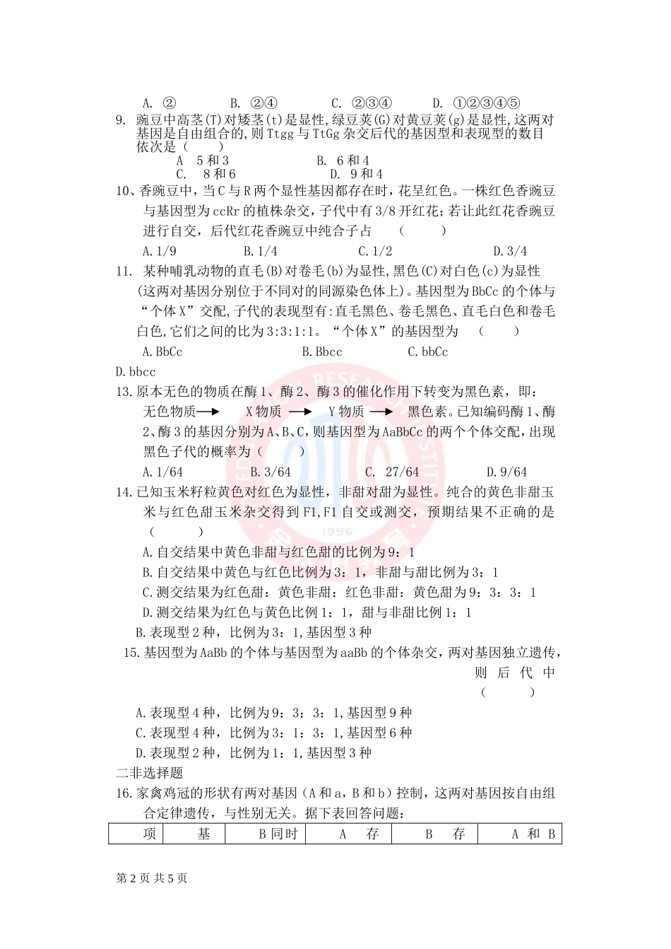 第1章遗传因子的发现单元测试2(人教版必修2)[1]_第2页