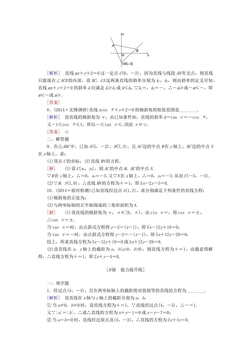 高考讲坛高考数学一轮复习 第8章 第1节 直线的倾斜角与斜率、直线的方程课后限时自测 理 苏教版-苏教版高三全册数学试题_第2页
